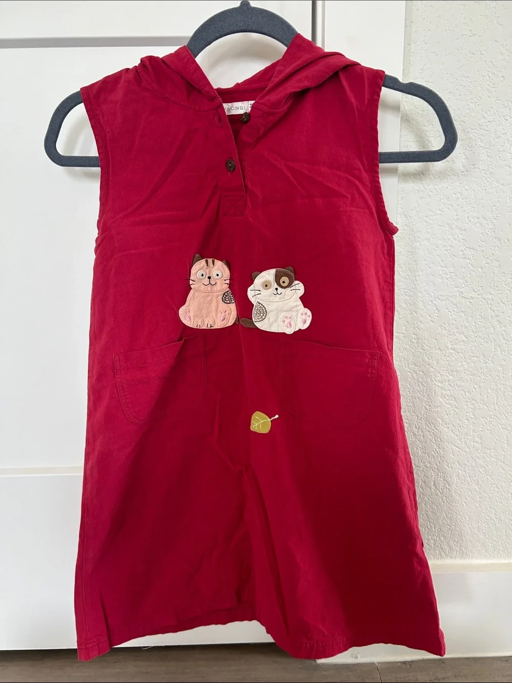 Girls Red Hooded Sleeveless Dress with Cats